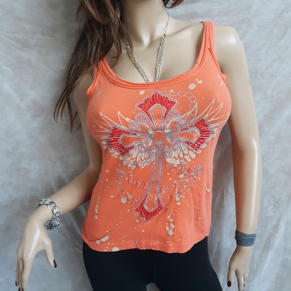 Orange Glitter Cross Tank Top Splatter Wide Neck S - Picture 2 of 6